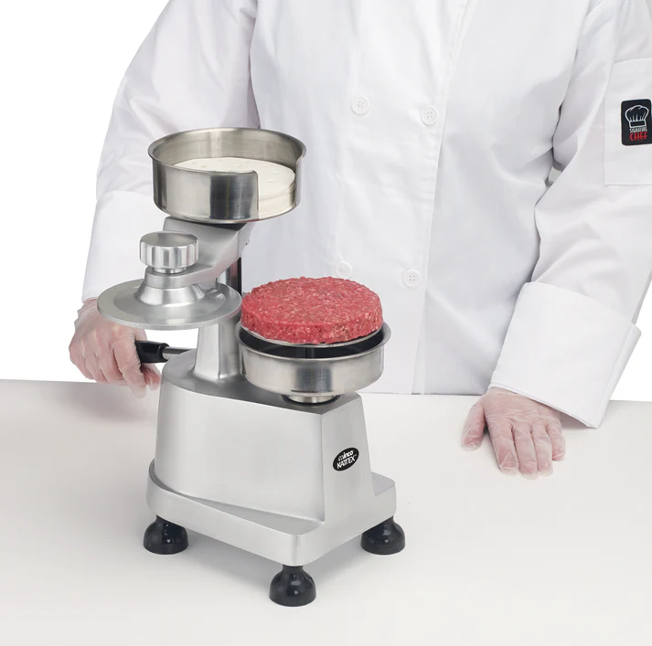 1/4lb and 1/2lb Hamburger Patty Press 1/Pack create uniform patties with the Kattex Heavy-Duty Burger Patty Press. With interchangeable plates and removal tool included, makes 4 (100mm) dia 1/4 lb patties or 5 (130mm) dia 1/2 lb patties.