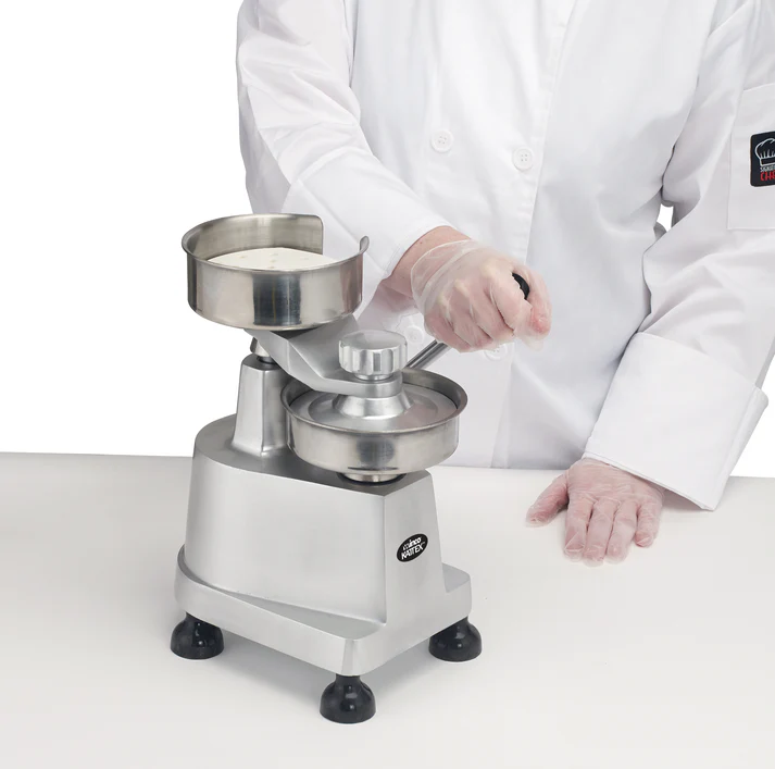 1/4lb and 1/2lb Hamburger Patty Press 1/Pack create uniform patties with the Kattex Heavy-Duty Burger Patty Press. With interchangeable plates and removal tool included, makes 4 (100mm) dia 1/4 lb patties or 5 (130mm) dia 1/2 lb patties.