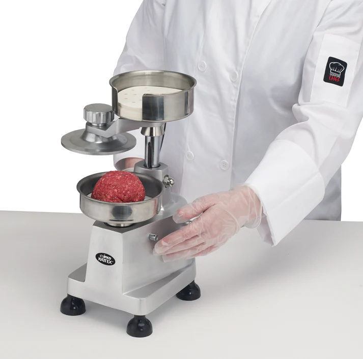 1/4lb and 1/2lb Hamburger Patty Press 1/Pack create uniform patties with the Kattex Heavy-Duty Burger Patty Press. With interchangeable plates and removal tool included, makes 4 (100mm) dia 1/4 lb patties or 5 (130mm) dia 1/2 lb patties.