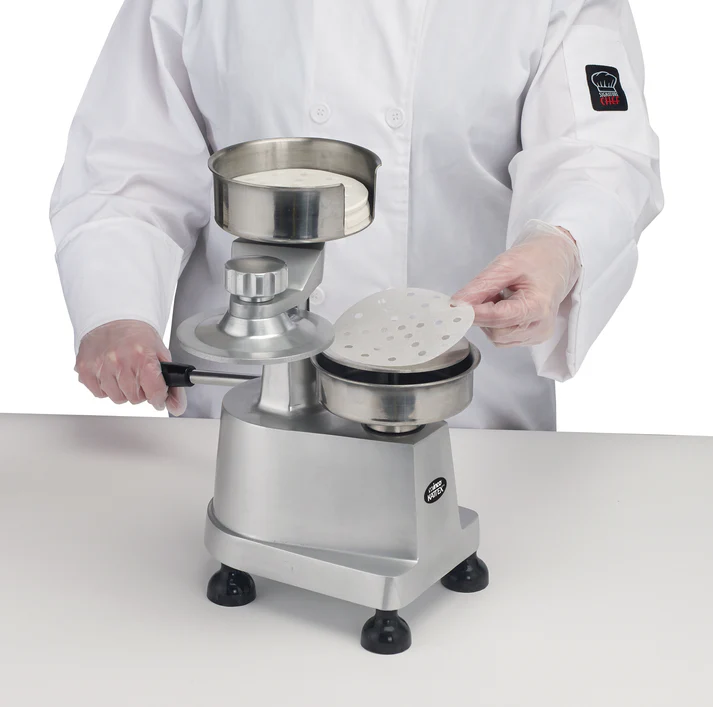 1/4lb and 1/2lb Hamburger Patty Press 1/Pack create uniform patties with the Kattex Heavy-Duty Burger Patty Press. With interchangeable plates and removal tool included, makes 4 (100mm) dia 1/4 lb patties or 5 (130mm) dia 1/2 lb patties.