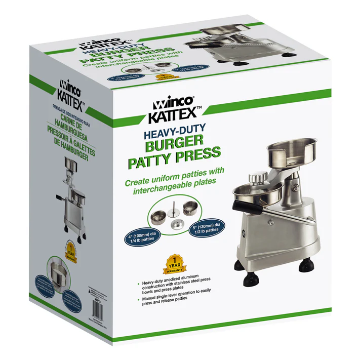 1/4lb and 1/2lb Hamburger Patty Press 1/Pack create uniform patties with the Kattex Heavy-Duty Burger Patty Press. With interchangeable plates and removal tool included, makes 4 (100mm) dia 1/4 lb patties or 5 (130mm) dia 1/2 lb patties.