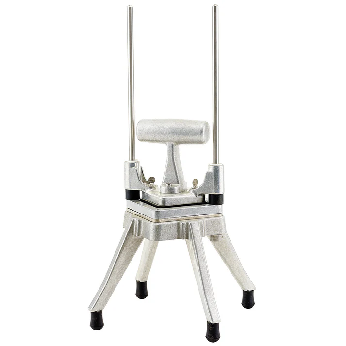(1/4" Cut, 1/2" Cut, 3/8" Cut) Quick Slice Chopper/Dicer 2/Pack it can be used to dice potatoes, onions, tomatoes, cucumbers and more while its wide handle makes it easy to operate. Thanks to its sturdy cast aluminum base with non-skid feet, this chopper / dicer stays in place while in use ensuring safety and precision.