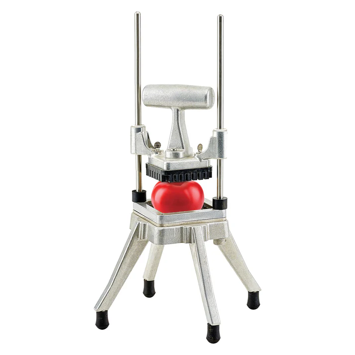 (1/4" Cut, 1/2" Cut, 3/8" Cut) Quick Slice Chopper/Dicer 2/Pack it can be used to dice potatoes, onions, tomatoes, cucumbers and more while its wide handle makes it easy to operate. Thanks to its sturdy cast aluminum base with non-skid feet, this chopper / dicer stays in place while in use ensuring safety and precision.