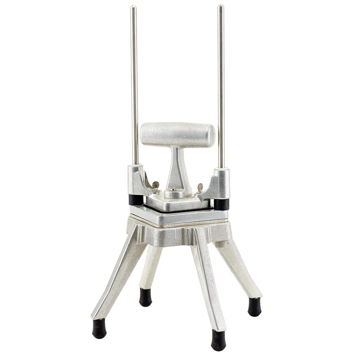 (1/4" Cut, 1/2" Cut, 3/8" Cut) Quick Slice Chopper/Dicer 2/Pack it can be used to dice potatoes, onions, tomatoes, cucumbers and more while its wide handle makes it easy to operate. Thanks to its sturdy cast aluminum base with non-skid feet, this chopper / dicer stays in place while in use ensuring safety and precision.