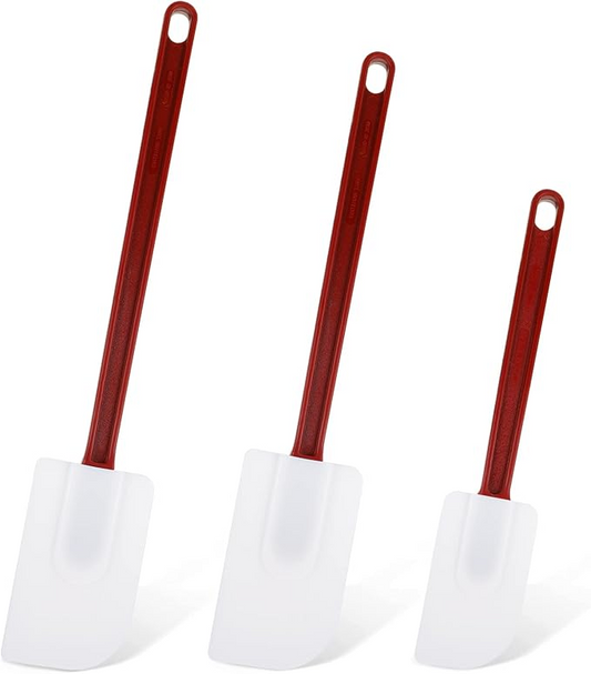 heat-resistant scraper stanton tarding in 10", 14" and 16" with a flexible silicone blade and durable red handle. Ideal for mixing, folding, and scraping ingredients in high-temperature environments. Designed for professional and home kitchens