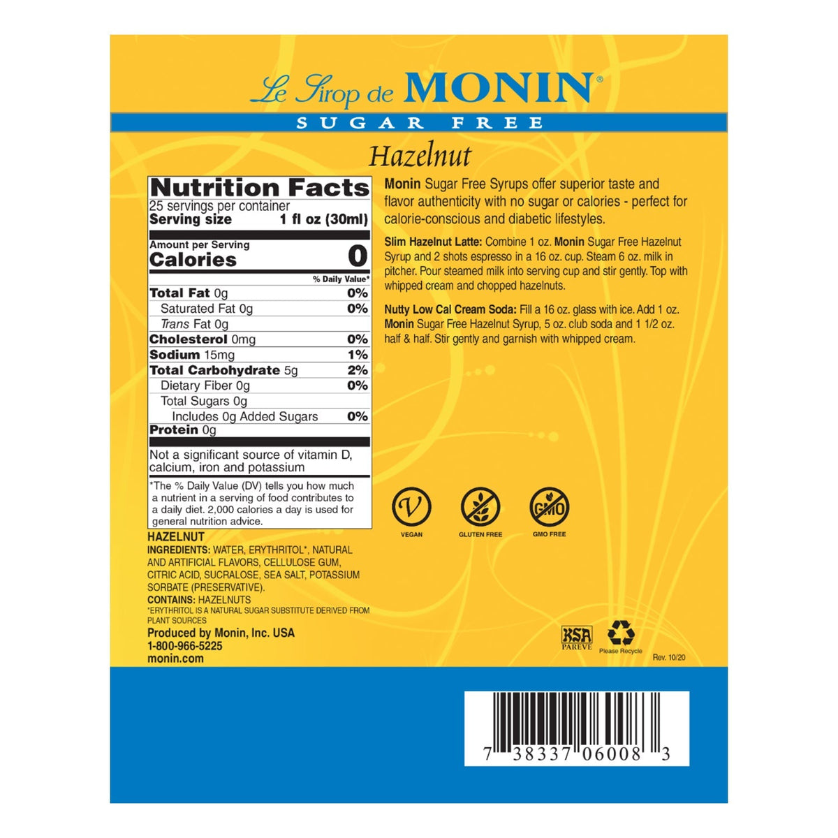 Monin Sugar Free Hazelnut Syrup 750 mL Bottle additional product image