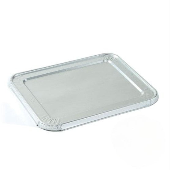 Half-size aluminum lid for food storage, catering, and takeout. Heavy-duty, disposable foil lid provides a secure, leak-resistant seal. Keeps food fresh, maintains heat, and prevents spills.