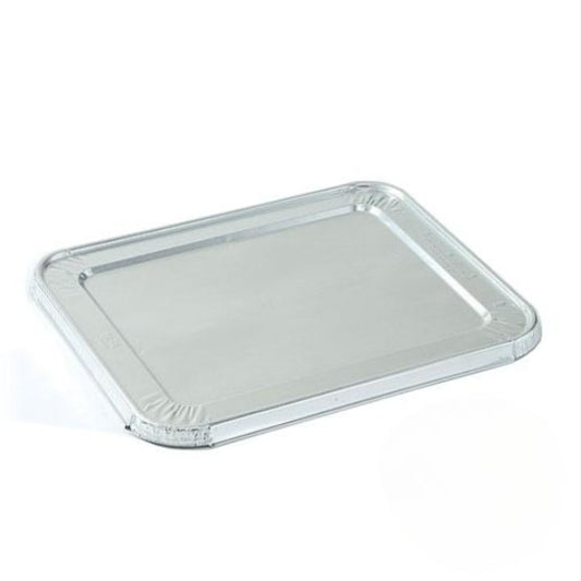 Half-size aluminum lid for food storage, catering, and takeout. Heavy-duty, disposable foil lid provides a secure, leak-resistant seal. Keeps food fresh, maintains heat, and prevents spills.