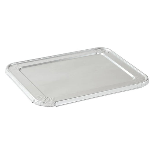 Half-size aluminum pan lid for secure food storage and transport. Heavy-duty, disposable, oven-safe, and leak-resistant. Ideal for catering, meal prep, and food service. Keeps food fresh and spill-free.