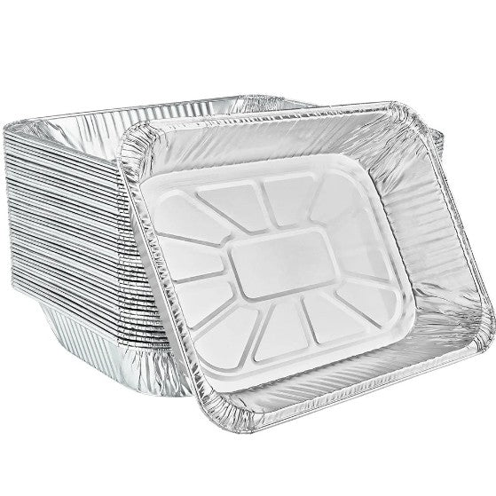 Half-size deep aluminum pan for baking, roasting, and storage. Heavy-duty, disposable, oven-safe, and leak-resistant. Ideal for catering, meal prep, and events. Ensures even heat distribution.