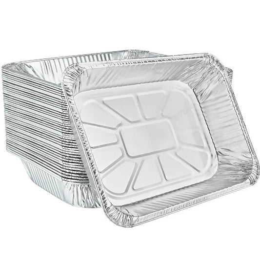 Half-size deep aluminum pan for baking, roasting, and storage. Heavy-duty, disposable, oven-safe, and leak-resistant. Ideal for catering, meal prep, and events. Ensures even heat distribution.
