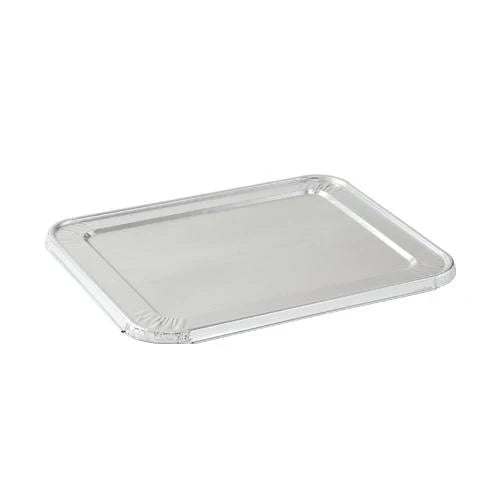 Half-size aluminum lid for foil pans, perfect for catering, food storage, meal prep, and transport. Durable, disposable, and designed to keep food fresh and warm.
