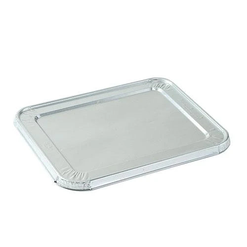 Large aluminum roaster with half-size lid for roasting, baking, and catering. Secure fit retains heat and moisture. Durable, disposable, and recyclable for easy use and cleanup.