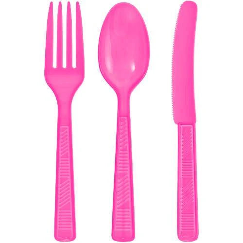 Colorful plastic cutlery set in pink, red, light blue, hot pink, silver, gold, blue, and black. Includes a fork, spoon, and knife. Durable, disposable, and perfect for events, catering, and takeout.