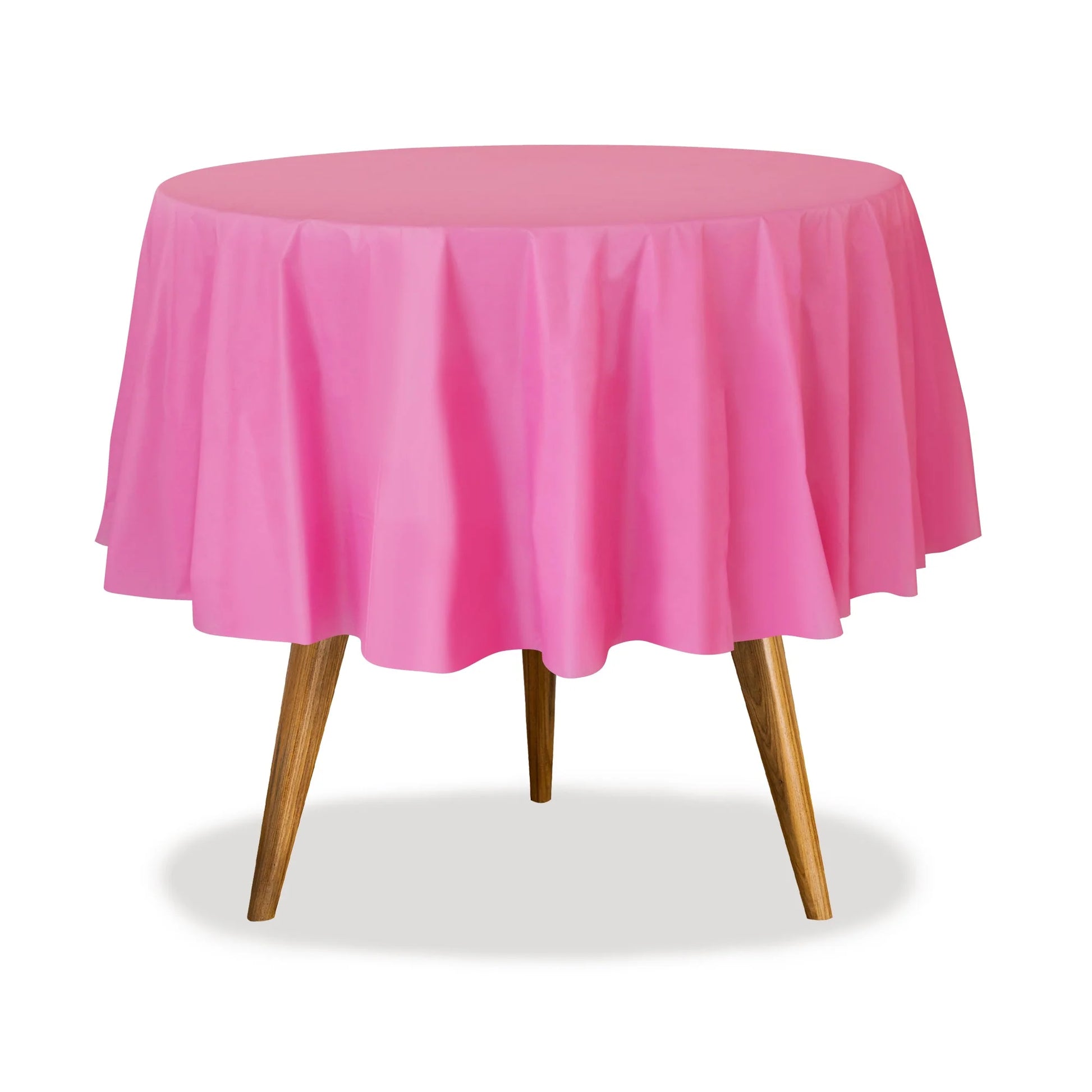 84" round table cover in white, red, blue, gold, yellow, black, silver, lime green, hot pink, orange, purple, and green. Durable, disposable, and perfect for events, parties, and catering.