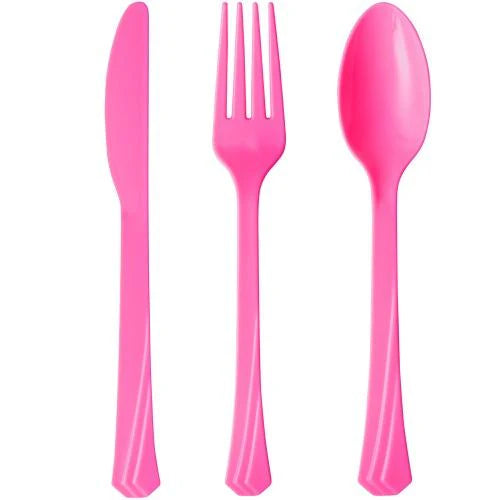 Plastic cutlery combo set with forks, knives, and spoons in Clear, Pearl, Yellow, Pink, Hydrangea, Light Blue, Silver, Gold, Island Blue, Red, Orange, Blue, Black, Hot Pink & Lime Green.