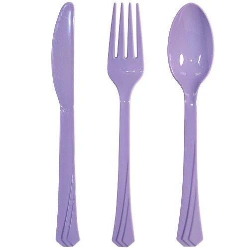 Plastic cutlery combo set with forks, knives, and spoons in Clear, Pearl, Yellow, Pink, Hydrangea, Light Blue, Silver, Gold, Island Blue, Red, Orange, Blue, Black, Hot Pink & Lime Green.