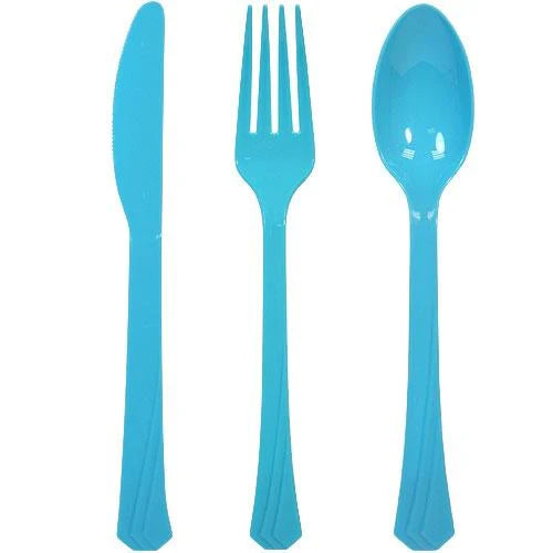 Plastic cutlery combo set with forks, knives, and spoons in Clear, Pearl, Yellow, Pink, Hydrangea, Light Blue, Silver, Gold, Island Blue, Red, Orange, Blue, Black, Hot Pink & Lime Green.