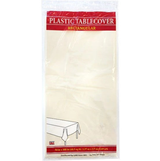 54"x108" table cover in white, red, blue, ivory, yellow, silver, lime green, hot pink, orange, black, green, gold, purple, and hunter green. Durable, disposable, and perfect for events.