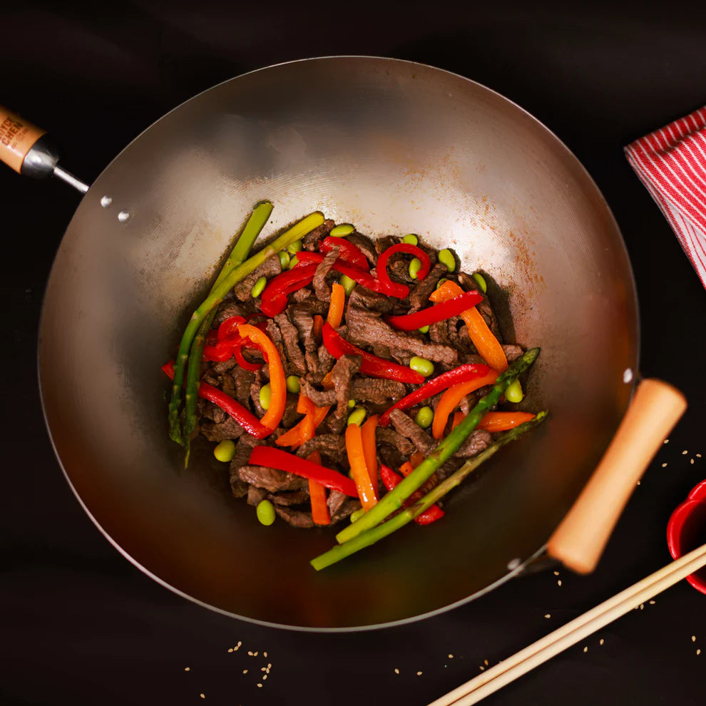 Winco J21-9978, 14" Flat Bottom Carbon Steel Wok w/ Birch Handles Joyce Chen Classic
