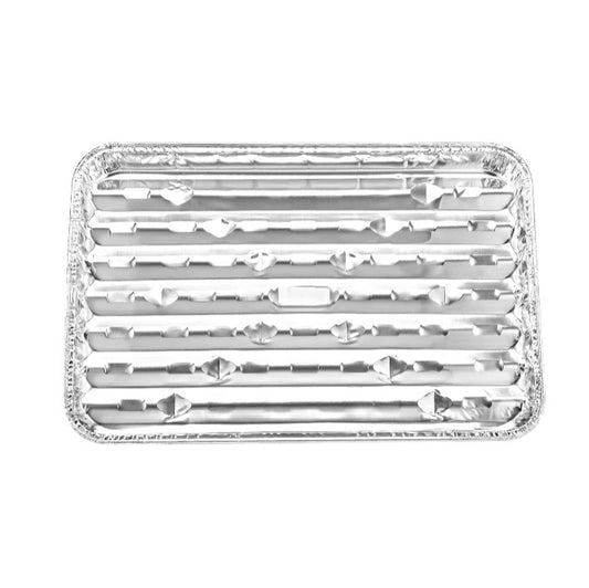 Jumbo aluminum broiler pan for roasting, grilling, and broiling meats, seafood, and vegetables. Heavy-duty, disposable, oven-safe, and durable. Ideal for home kitchens, catering, and food service.