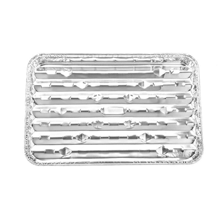 Jumbo aluminum BBQ grill pan in polybag with label, perfect for grilling vegetables, meats, and seafood. Perforated design for even cooking and smoky flavor.
