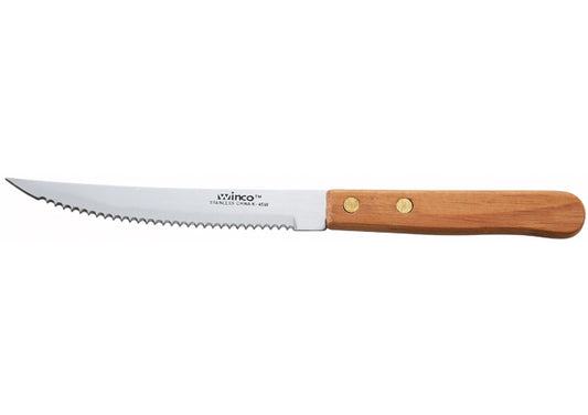 Winco K-45W 4-1/2" Blade, Wooden Hdl, Pointed Tip Steak Knives