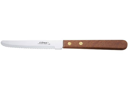 Winco K-55W 4-1/2" Blade, Wooden Hdl, Round Tip Steak Knives