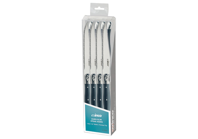 Winco K-73PC 4-1/2" Blade, Clear Pack Pointed Tip, Euro Slim ABS Handle Steak Knives - Restaurant Kitchen, Buffet Stations, Catering Services