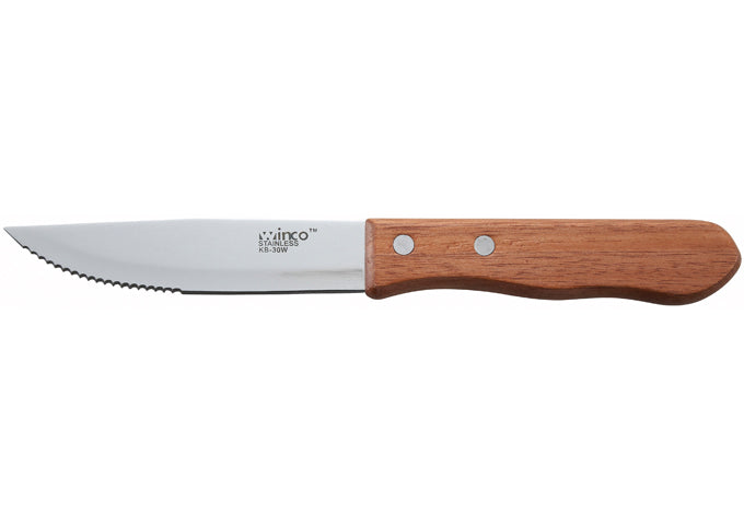 Winco KB-30W 5" Blade, Pointed Tip, Wooden Hdl Jumbo Steak Knives