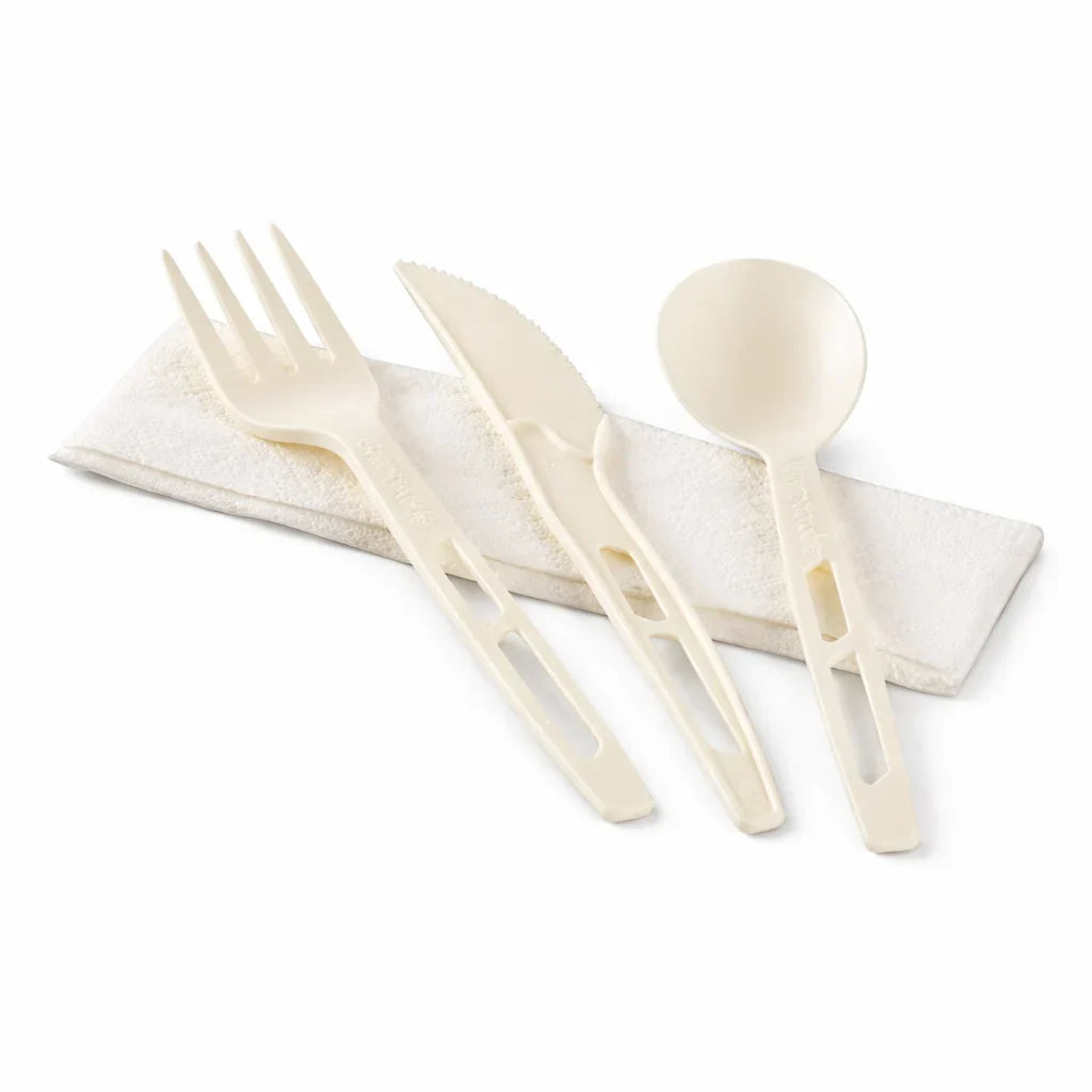 White CPLA Heavy Weight Individually Wrapped Disposable Cutlery Set