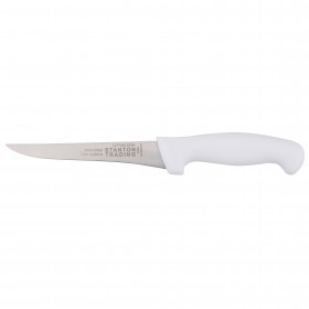 6" boning knife stanton trading with a narrow, straight-edge stainless steel blade for precision cutting. Features a durable white polypropylene (PP) handle for a secure grip and easy cleaning. Ideal for deboning meat, poultry, and fish with accuracy and control.