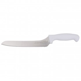 9" cutting-edge bread knife stanton trading with an offset, stain-free stainless steel blade for effortless slicing. Features a durable white polypropylene (PP) handle for a secure grip and easy cleaning. The serrated edge ensures smooth, precise cuts through bread and baked goods.