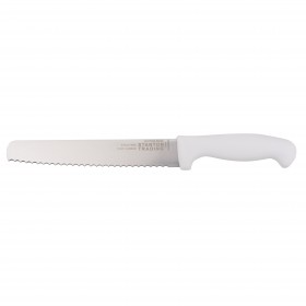 8-inch cutting-edge bread knife stanton trading with a pointed tip and a stain-free stainless steel blade for precise slicing. Features a durable white polypropylene (PP) handle for a secure grip and easy cleaning. The serrated edge ensures effortless cutting through bread and baked goods.
