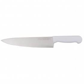 Cutting Edge 10" Chef Knife stanton trading features a stain-free, high-carbon stainless steel blade for superior durability and precision. Its ergonomic white polypropylene (PP) handle ensures a secure, comfortable grip. Ideal for professional chefs and home kitchens alike.