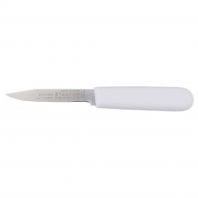 Cutting Edge 3-1/2" Paring Knife features a stain-free, high-carbon stainless steel blade for precision cutting. Its ergonomic white polypropylene (PP) handle ensures a comfortable grip. Ideal for peeling, trimming, and intricate kitchen tasks with ease and control.