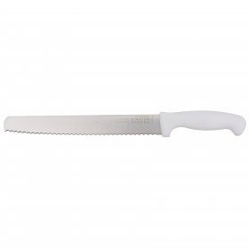 Cutting edge 10" slicer knife stanton trading features a serrated edge for effortless slicing of bread, meats, and soft fruits. Made from stain-free, high-carbon stainless steel, it ensures durability and precision. The ergonomic white polypropylene handle provides a secure and comfortable grip.