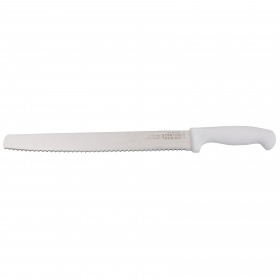 Cutting edge 12" slicer knife stanton trading features a serrated edge for effortless slicing of bread, meats, and soft fruits. Made from stain-free, high-carbon stainless steel, it ensures durability and precision. The ergonomic white polypropylene handle provides a secure and comfortable grip.