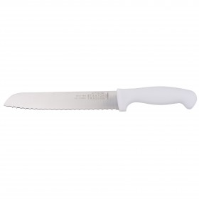 Cutting edge 8" slicer knife stanton trading features a serrated edge for effortless slicing of bread, meats, and soft fruits. Made from stain-free, high-carbon stainless steel, it ensures durability and precision. The ergonomic white polypropylene handle provides a secure and comfortable grip.