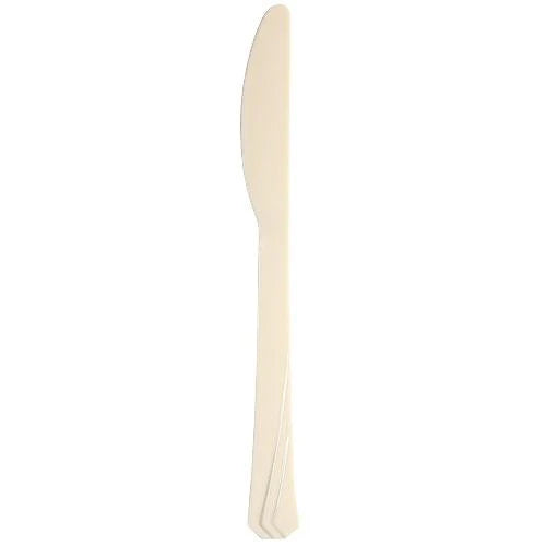Ivory plastic cutlery set with forks, knives, soup spoons, and teaspoons. Elegant, durable, and disposable—perfect for weddings, anniversaries, and upscale events. Adds sophistication to any dining setup.