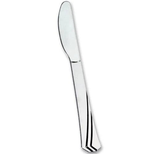 Polished silver plastic cutlery set includes a fork, knife, soup spoon, and teaspoon. Elegant, durable, and disposable, perfect for weddings, parties, and events. Adds sophistication to any occasion.