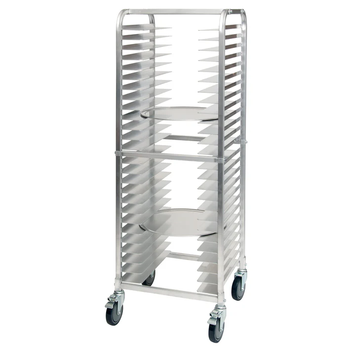 (2" Knocked Down, 2"Welded) Pizza Pan Rack 1/Pack featuring open rack design, this pizza pan rack loads from both front and back sides and there is 2" spacing between each tier. The rack also has a maximum capacity of 800 pounds and is mobile on four 5" full-swivel casters.