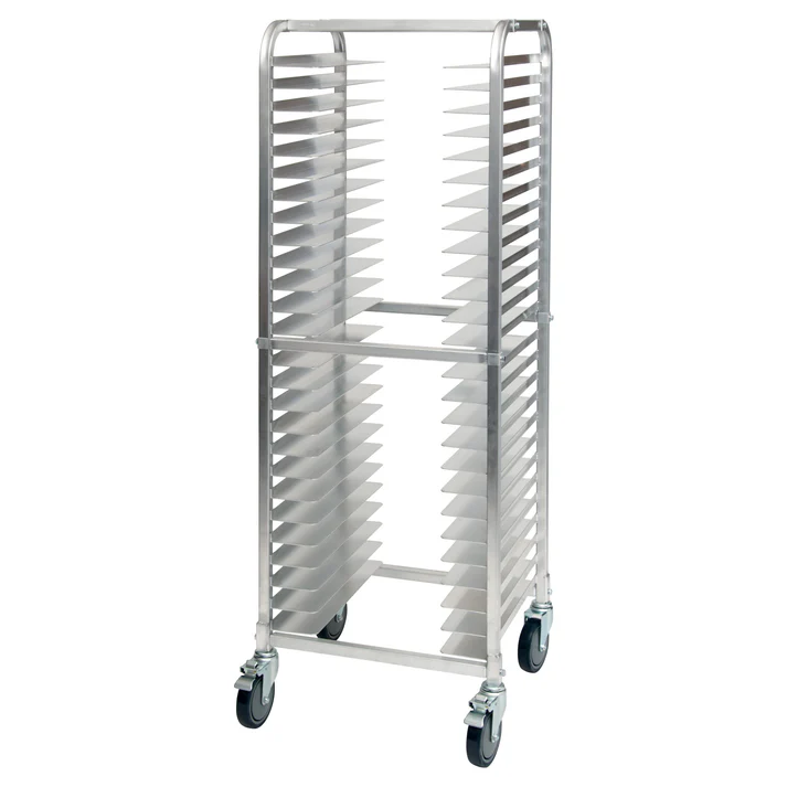 (2" Knocked Down, 2"Welded) Pizza Pan Rack 1/Pack featuring open rack design, this pizza pan rack loads from both front and back sides and there is 2" spacing between each tier. The rack also has a maximum capacity of 800 pounds and is mobile on four 5" full-swivel casters.