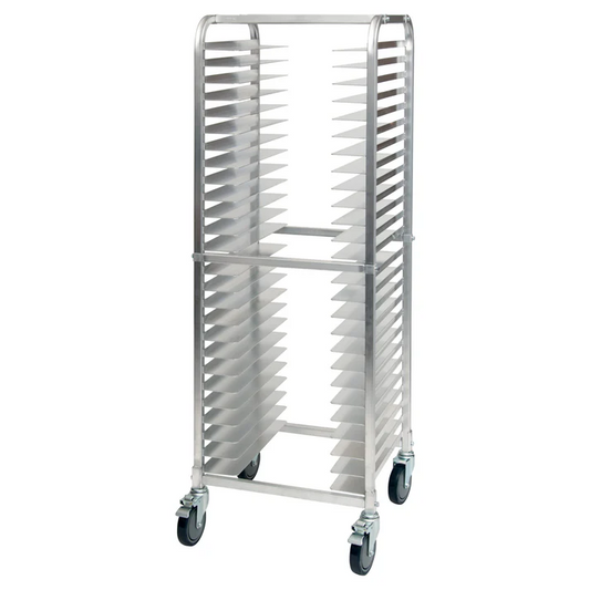 (2" Knocked Down, 2"Welded) Pizza Pan Rack 1/Pack featuring open rack design, this pizza pan rack loads from both front and back sides and there is 2" spacing between each tier. The rack also has a maximum capacity of 800 pounds and is mobile on four 5" full-swivel casters.