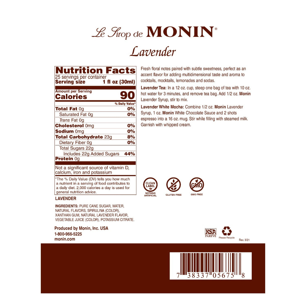 Monin Lavender Syrup 750 mL Bottle additional product image