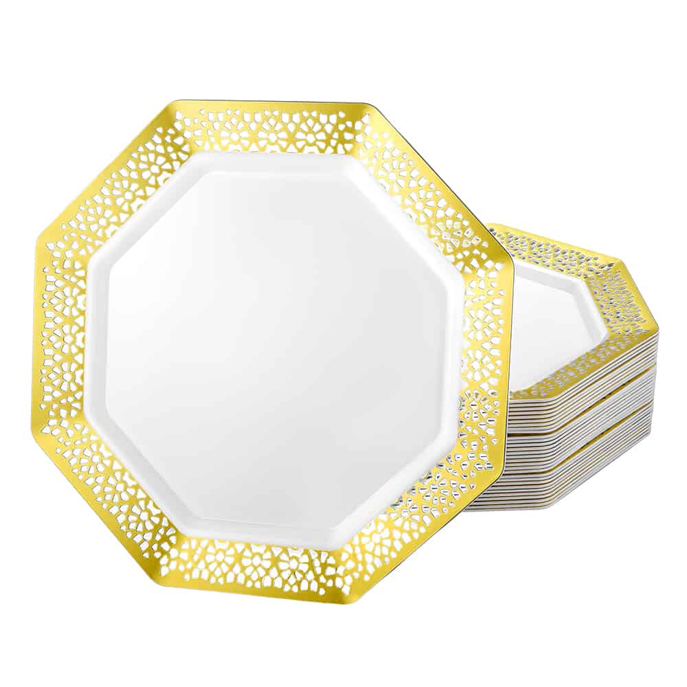 Lacetagon Gold Plates in 7.5", 9.25", and 11" sizes; elegant disposable plates for serving appetizers, desserts, and main courses at weddings, parties, and special events