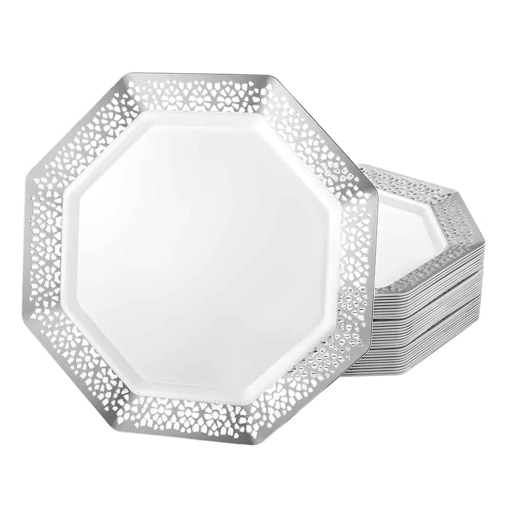 Lacetagon Silver Plates in 7.5", 9.25", and 11" sizes; elegant disposable plates for serving appetizers, desserts, and main courses at weddings, parties, and upscale events