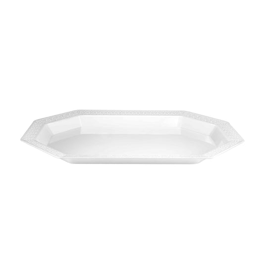 Lacetagon 12"x13" Pearl Plastic Tray – Elegant disposable serving tray for appetizers, desserts, and snacks at weddings, parties, and upscale events
