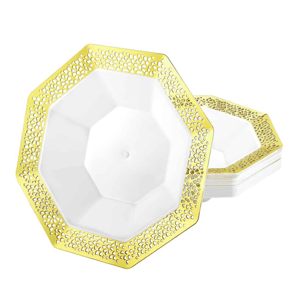 Lacetagon Gold Bowl – Elegant 5oz and 14oz disposable serving bowls with a luxurious gold finish, ideal for weddings, parties, and upscale events