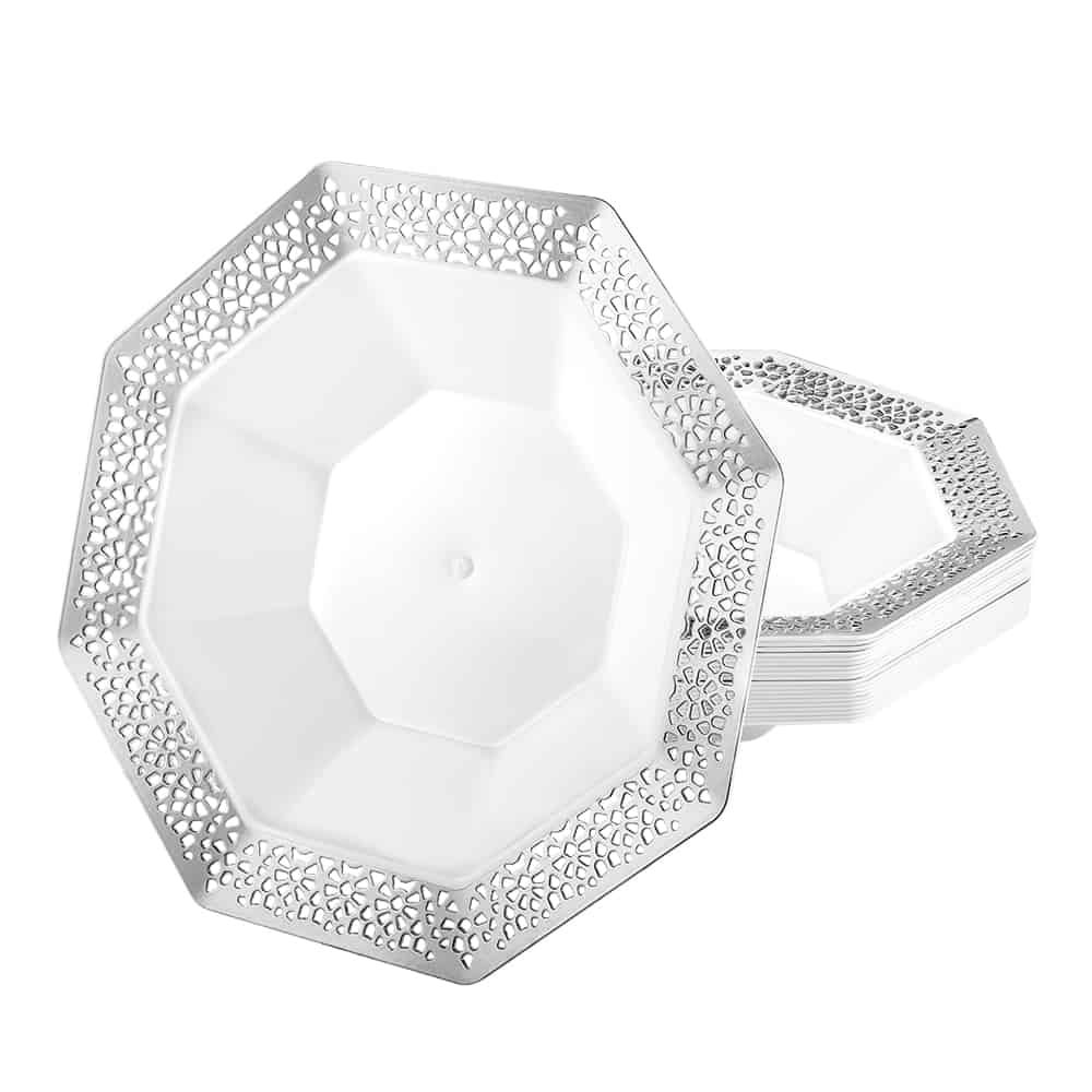 Lacetagon Silver Bowl – Elegant 5oz and 14oz disposable serving bowls with a shimmering silver finish for weddings, parties, and upscale events